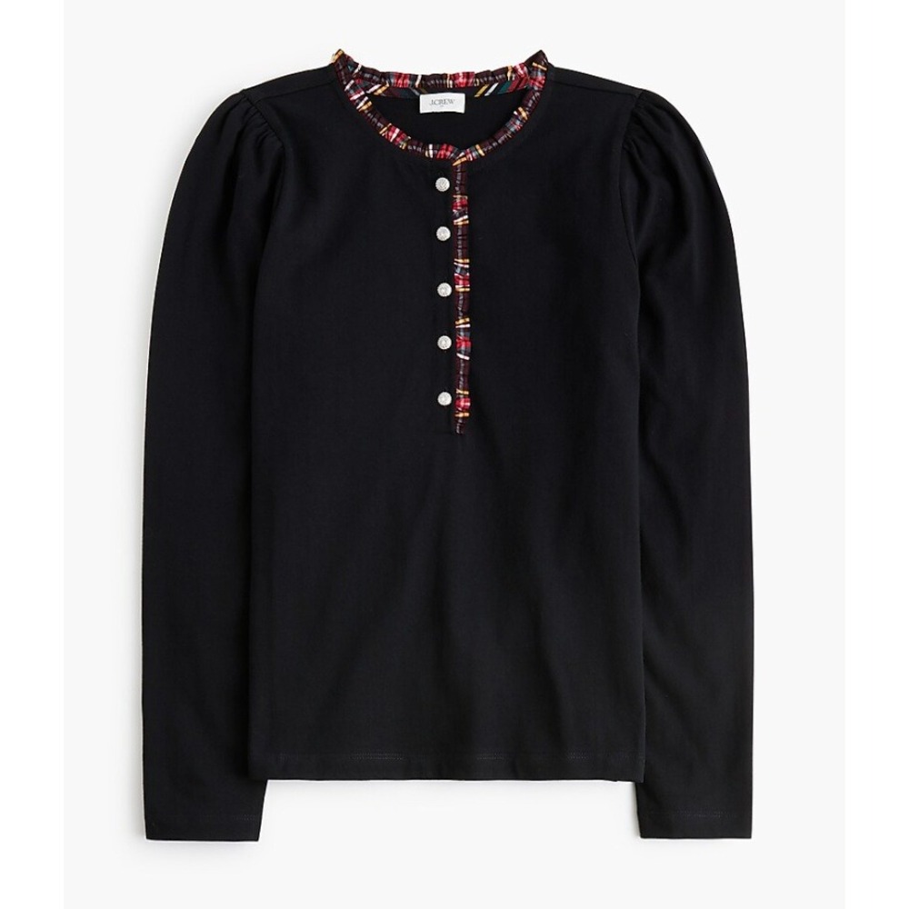 J.Crew Tartan and Jewels Henley Women M Black Long Sleeve Ruffle Holiday Classic